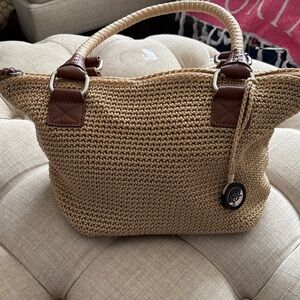 The Sak Beige Straw Tote with Brown Trim